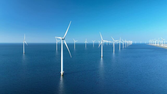 Majestic wind turbines stand tall against the clear blue sky over the serene waters of the North Sea. This offshore windmill park showcases the Netherlands commitment to renewable energy.