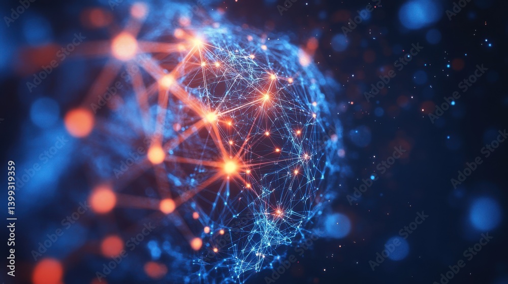 Poster a digital representation of interconnected nodes and glowing points, symbolizing data networks and g