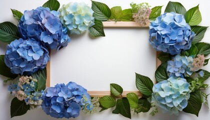 カラフルなあじさいの花のフレーム背景。AIで生成