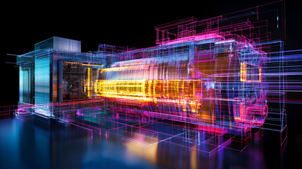 futuristic digital representation of complex machine with vibrant neon colors and intricate details, showcasing technology