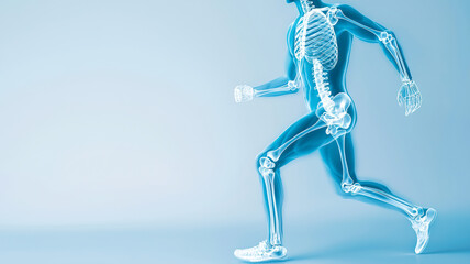 transparent human skeleton running in dynamic pose, showcasing skeletal structure and movement