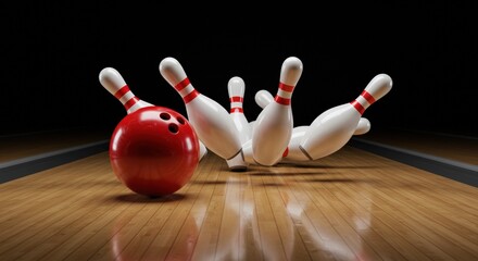 Red Bowling Ball Striking Pins on a Wooden Lane, Scattered in the Aftermath of a Strike.