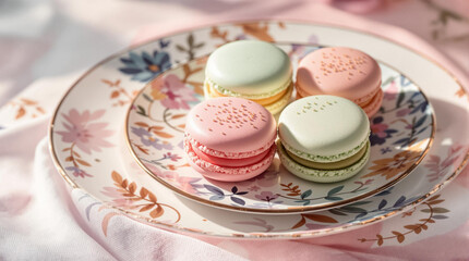Delicious macarons elegantly arranged on a stylish plate. 