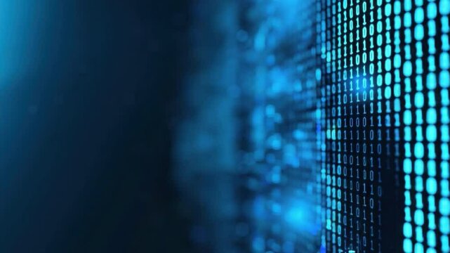 Futuristic Digital Binary Code on Blue Background Technology Concept in Data Visualization and Abstract Design, Showcasing Computer Graphics and Programming in Information Technology.