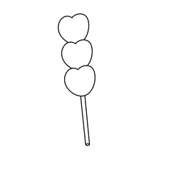 A white and black drawing of a candy stick with three hearts on it