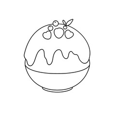 A white bowl with a white background and a white frosted cake with strawberries