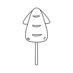 A white and black drawing of a hot dog with a bun on a stick