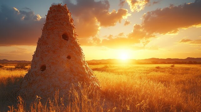 Majestic Sunset over African Savanna with Giant Termite Mound