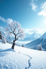Fototapeta premium A solitary frost-covered tree stands in a pristine snowy landscape, a trail of footprints leading away from its base towards a majestic mountain range under a brilliant blue winter sky.