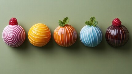 Obraz premium Colorful, decorative dessert spheres arranged in a row, featuring various flavors and vibrant designs, set against a green background.