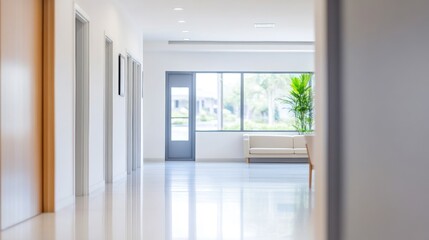 Serene interior showcasing a bright hallway with reflective floors leading to a window overlooking a lush green landscape and modern architecture