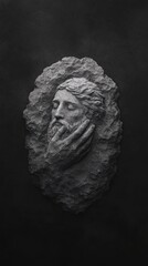A sculpted head with a beard, emerging from a textured background, creates a striking contrast against the dark backdrop.