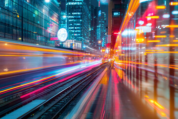 Obraz premium vibrant cityscape at night showcases blurred lights from moving trains, creating dynamic urban atmosphere