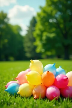 A Colorful Pile of Inflatable Water Balloons Resting on Lush Green Grass in a Sunny Outdoor Setting