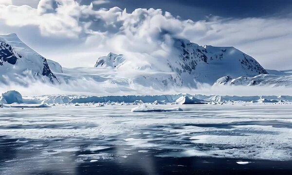 Frozen landscape Mountains covered in snow, icy waters, and dramatic skies meet in a breathtaking, polar scene