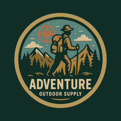 Person Hiking in Mountain Landscape Illustration with Compass Graphic Art