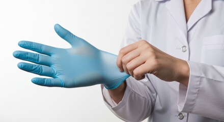 Medical Professional Donning Blue Protective Gloves, White Coat, Preparation for Examination.
