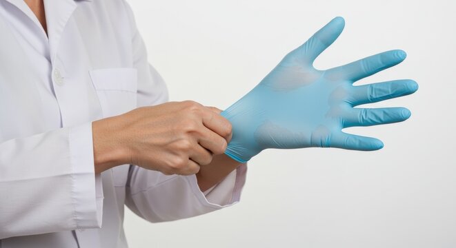Medical Professional Donning Sterile Blue Glove.