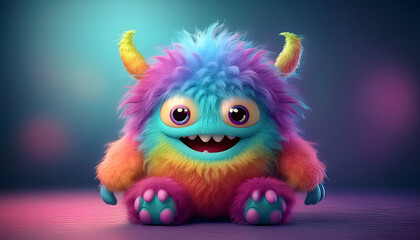 Colorful, fluffy monster character with big eyes and a joyful expression