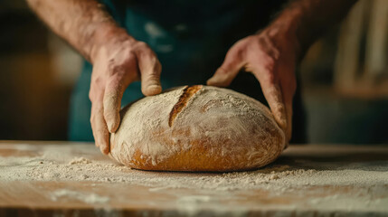 Freshly Baked Bread Loaf Being Shaped by Artisan Hands on Wooden Table Surface