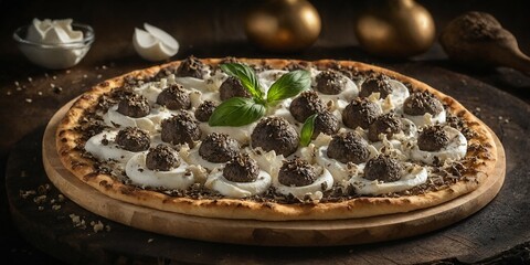 Exklusive Trüffelpizza mit cremiger Ricottabasis, schwarzen Trüffelkugeln, gehobeltem Trüffel und Basilikum auf Holzplatte serviert