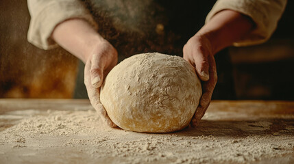 Obraz premium Hands Holding Freshly Kneaded Dough Surrounded by Flour in a Rustic Bakery Setting
