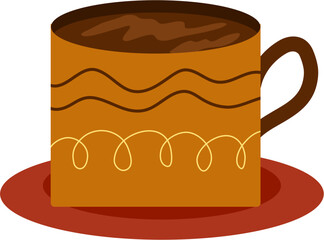 Warm Brown Mug with Wavy Design and Coffee on Red Saucer