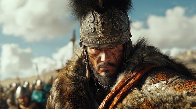 Fierce warrior in ornate helmet,  a warrior of the steppes