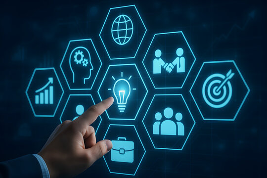 Vision of Innovation: A hand interacts with illuminated icons on a digital interface, representing creative thinking, global strategies, and goal-oriented actions within a technology framework.
