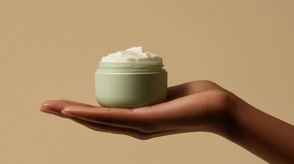 A hand holds a small green jar of cream against a neutral background, emphasizing beauty and skincare.