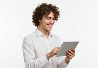 Man smiles using the tablet isolated on white background