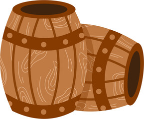 Overlapping Wooden Barrels with Metal Bands, Rustic Cartoon Style