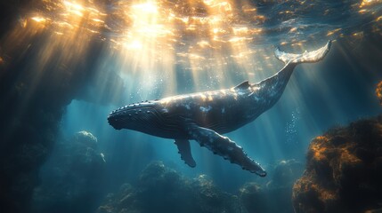 Fototapeta premium Majestic Humpback Whale Underwater: A Symphony of Light and Life