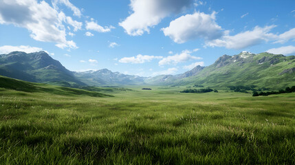 Naklejka premium Wide Open Meadow And Mountains Under Sunny Sky