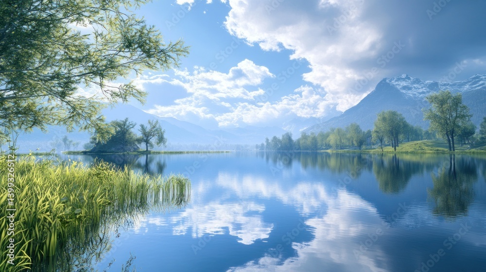 Poster serene lake reflecting mountains under a partly cloudy sky, lush greenery on the shore.
