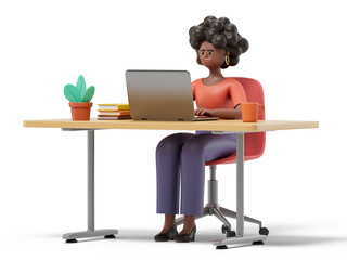 A woman  sits at a desk working on a laptop, accompanied by a stack of books, a green mug, and a potted plant, symbolizing a productive and organized work environment. 3D rendering, conceptual image. 