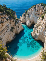 Fototapeta premium Stunning aerial view of a secluded cove with crystal-clear turquoise water, surrounded by dramatic white cliffs.