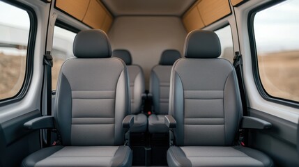 Interior of a modern van showing empty seats in a spacious cabin.