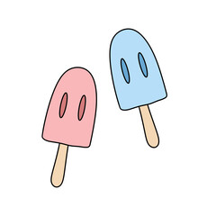 Two ice cream sticks with blue and pink faces