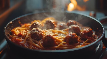 Fototapeta premium Spaghetti with meatballs in tomato sauce.