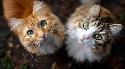 Cute cats and fluffy kittens at a park top-down angle with blue sky background looking down on adorable felines