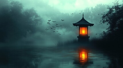 Enigmatic Lantern in Misty Lake: A Serene Night Scene