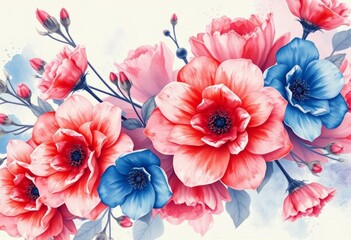 Watercolor vintage floral bouquet in red and blue hues, faded aesthetic, bouquet, watercolor illustration