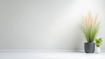 A modern indoor plant arrangement with tall grass-like foliage and small green plant on white shelf against light grey wall, and minimalistic home decor concept.