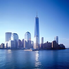 Fototapeta premium Modern City Skyline at Daytime, Calm Water Reflections