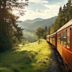 Fototapeta premium Red Train Journey Through Lush Green Mountains at Sunset