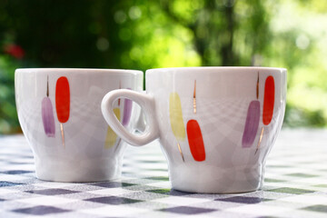 On a table with a checkered cloth there are two cups with original decorating. Garden plants serve as a green background.
