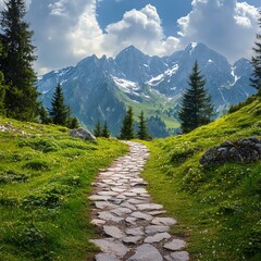 Obraz premium Stone Path Through Alpine Meadow Leading to Snow Capped Mountains