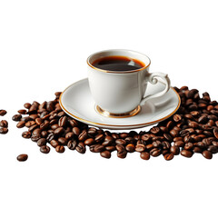 A pristine white coffee cup filled with rich black coffee, surrounded by aromatic coffee beans on a saucer, evoking a cozy, inviting atmosphere