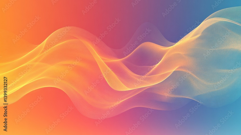 Poster a vibrant abstract wave pattern in hues of orange and blue, creating a dynamic visual flow.